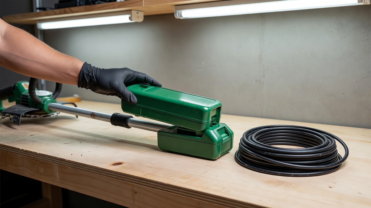How Do You Remove a String Trimmer Head? (Step-by-Step Guide for All Types) Gloved hand removing battery pack from a cordless string trimmer before maintenance