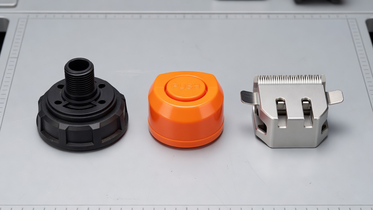 How Do You Remove a Trimmer Head? (Step-by-Step Guide) Three different styles of trimmer head attachments laid out on a workbench.