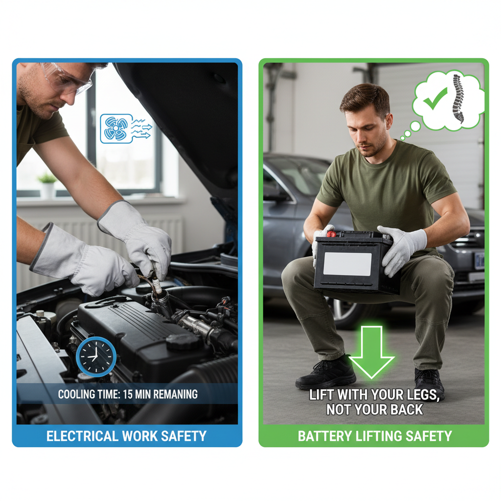 Safety Precautions Before Removing the Battery Safety precautions for lawn mower battery removal including proper gear and technique