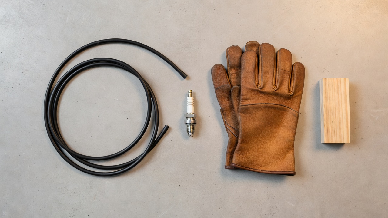 How Do You Remove a Blade from a Toro Lawn Mower? (Step-by-Step Safety Guide) Disconnected spark plug wire, cut-resistant gloves, and wooden block arranged on concrete — essential safety items before mower blade removal