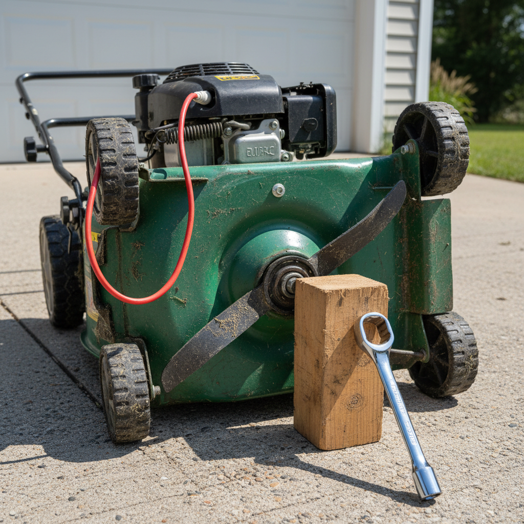 A tilted lawn mower with the blade exposed and a socket wrench positioned on the center bolt