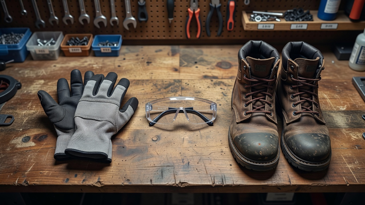 Safety equipment for edger maintenance including gloves, safety glasses, and work boots on a workbench