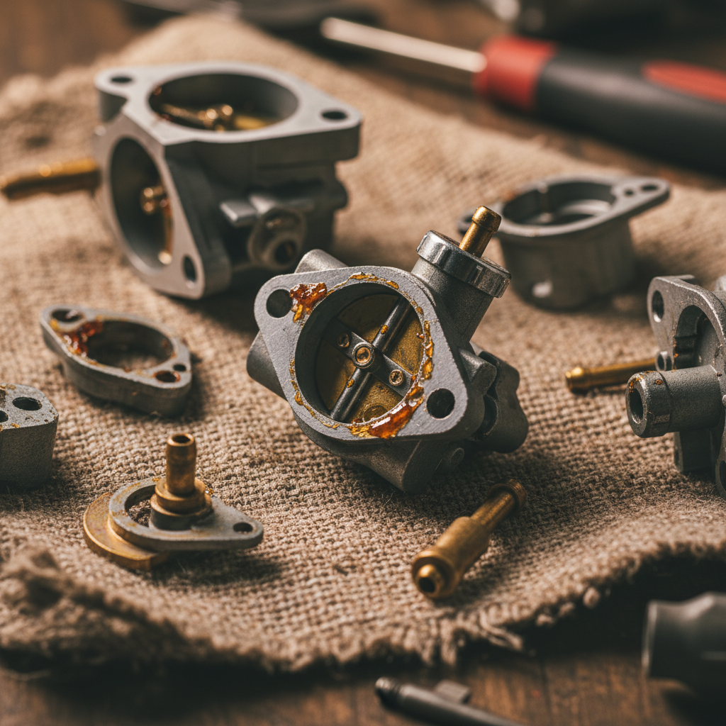 Disassembled lawn mower carburetor showing varnish and gum deposits from stale gasoline