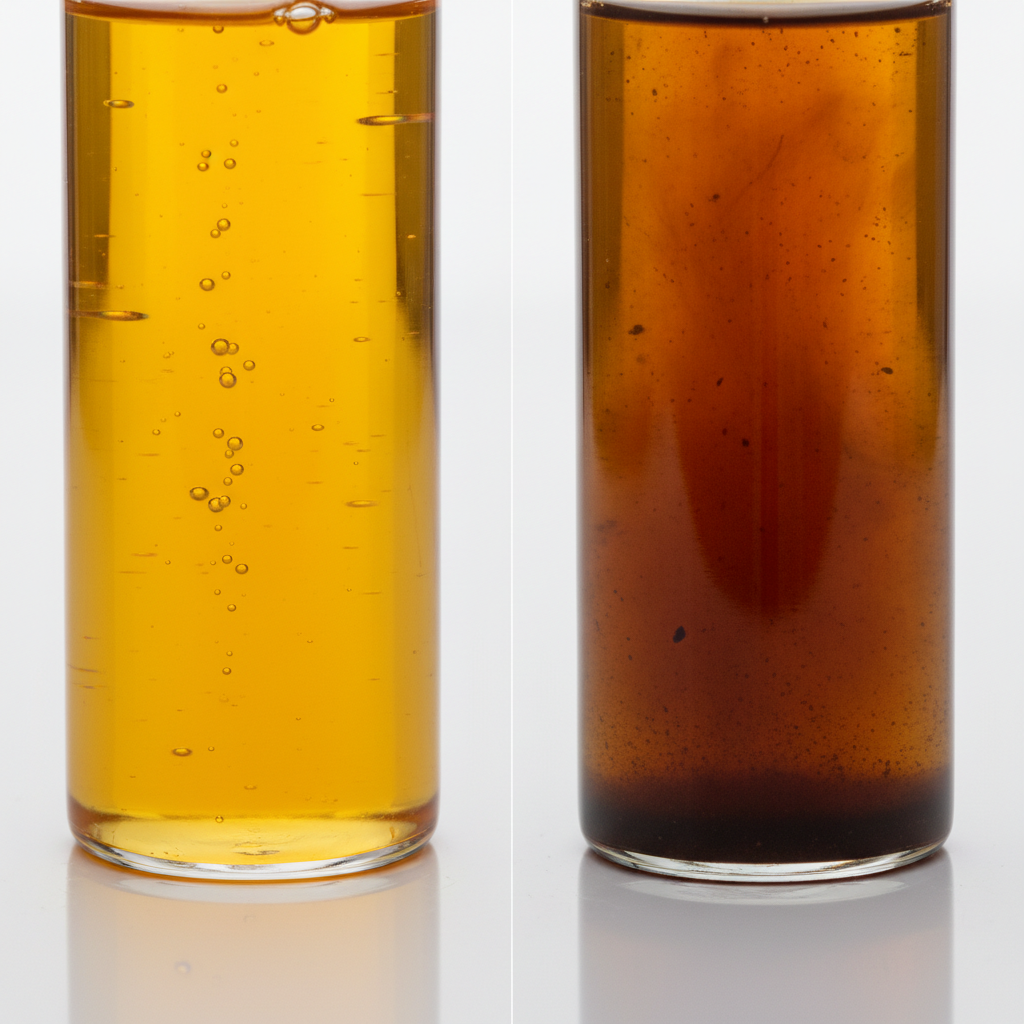 Side-by-side comparison of a vial of fresh clean gasoline and a vial of degraded phase-separated gasoline showing dark sediment layer