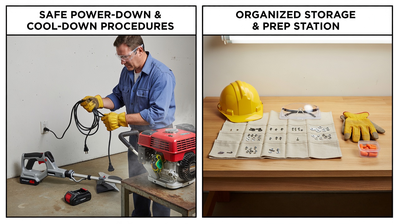 Safety Precautions Before Removing the Head Safety precautions for weed eater disassembly including power disconnection and protective gear
