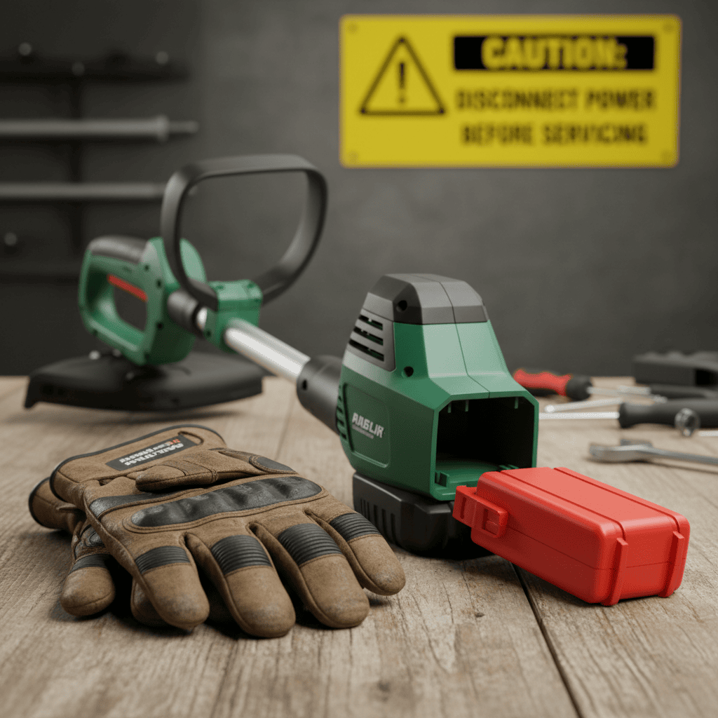 Safety equipment including work gloves and cordless trimmer with battery pack removed on a stable workbench