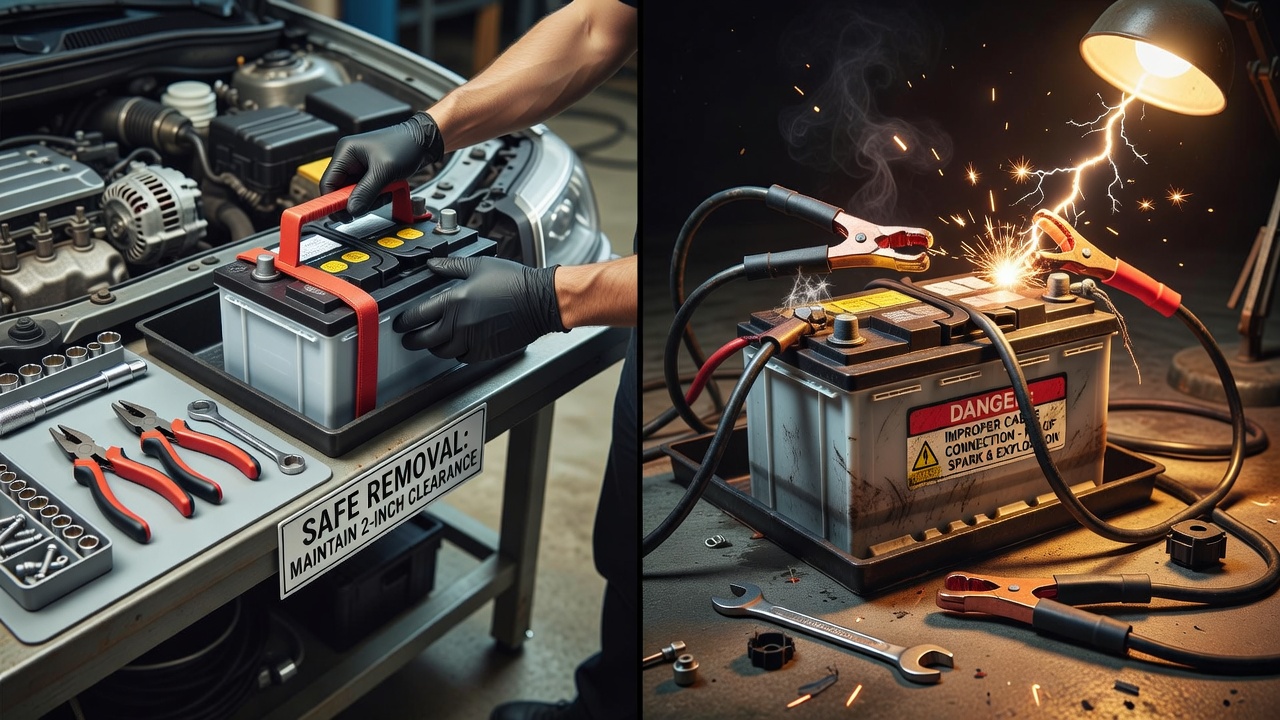 Comparison of safe vs. unsafe battery disconnection practices showing spark hazard