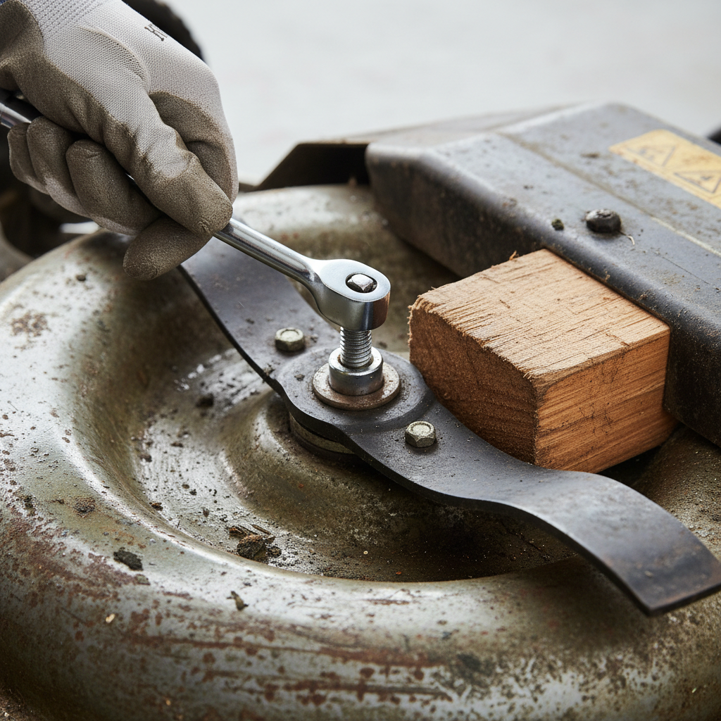 Close-up of a gloved hand loosening the central bolt of a lawn mower blade with a socket wrench