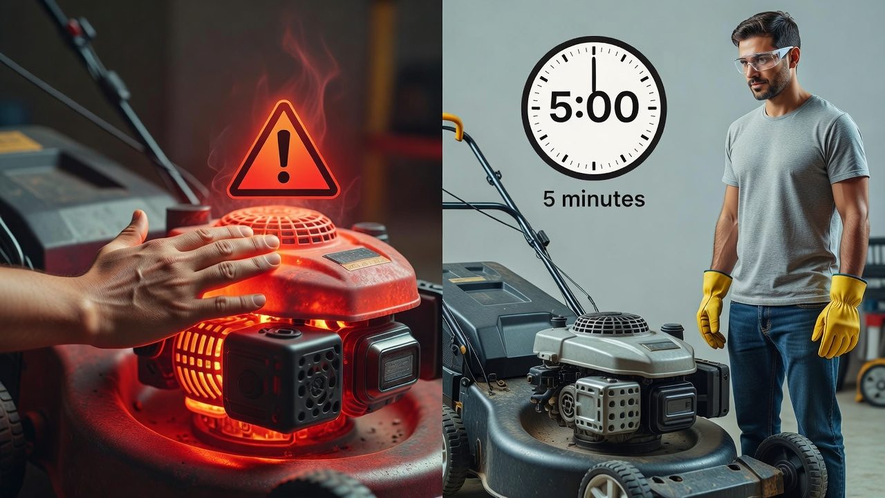 Safety Precautions Before You Start Safety precautions for lawn mower maintenance showing hot engine hazards versus safe cold-engine procedures