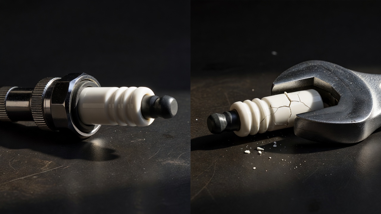 Spark plug socket with rubber insert beside a cracked ceramic spark plug insulator showing damage from an improper tool