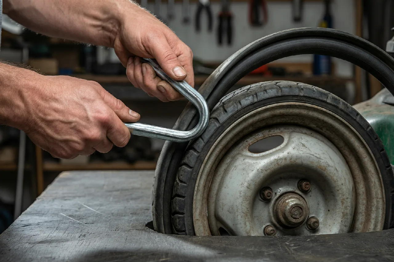 Hands using two tire irons to work a lawn mower tire bead over the rim lip