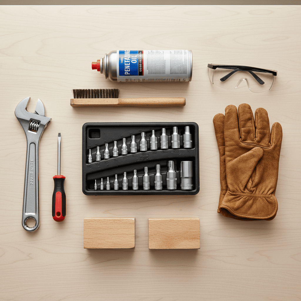 Collection of hand tools and safety equipment needed for lawn mower tire removal