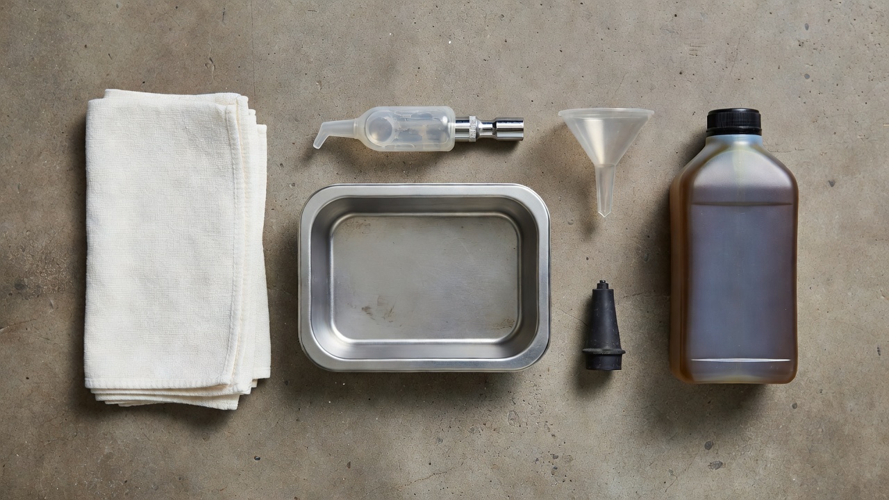 Lawn mower oil change tools laid out on a concrete workshop floor including drain pan, wrench, turkey baster, funnel, and oil bottle