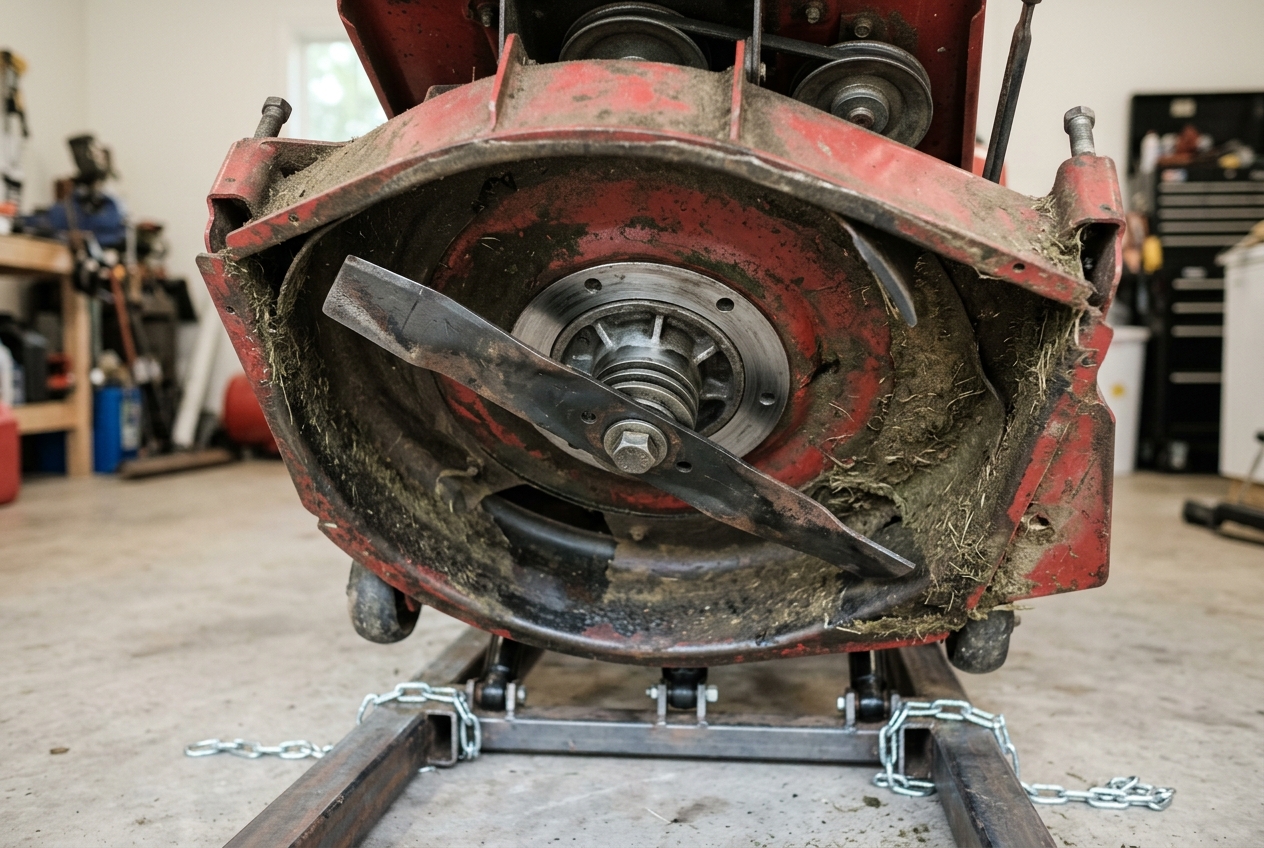 Underside of a mower deck with a blade clamped to the spindle
