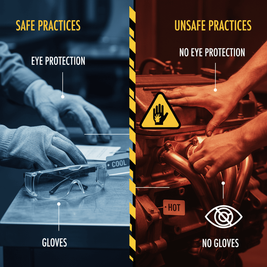 Safety precautions for spark plug removal showing proper protective equipment and safe hand placement