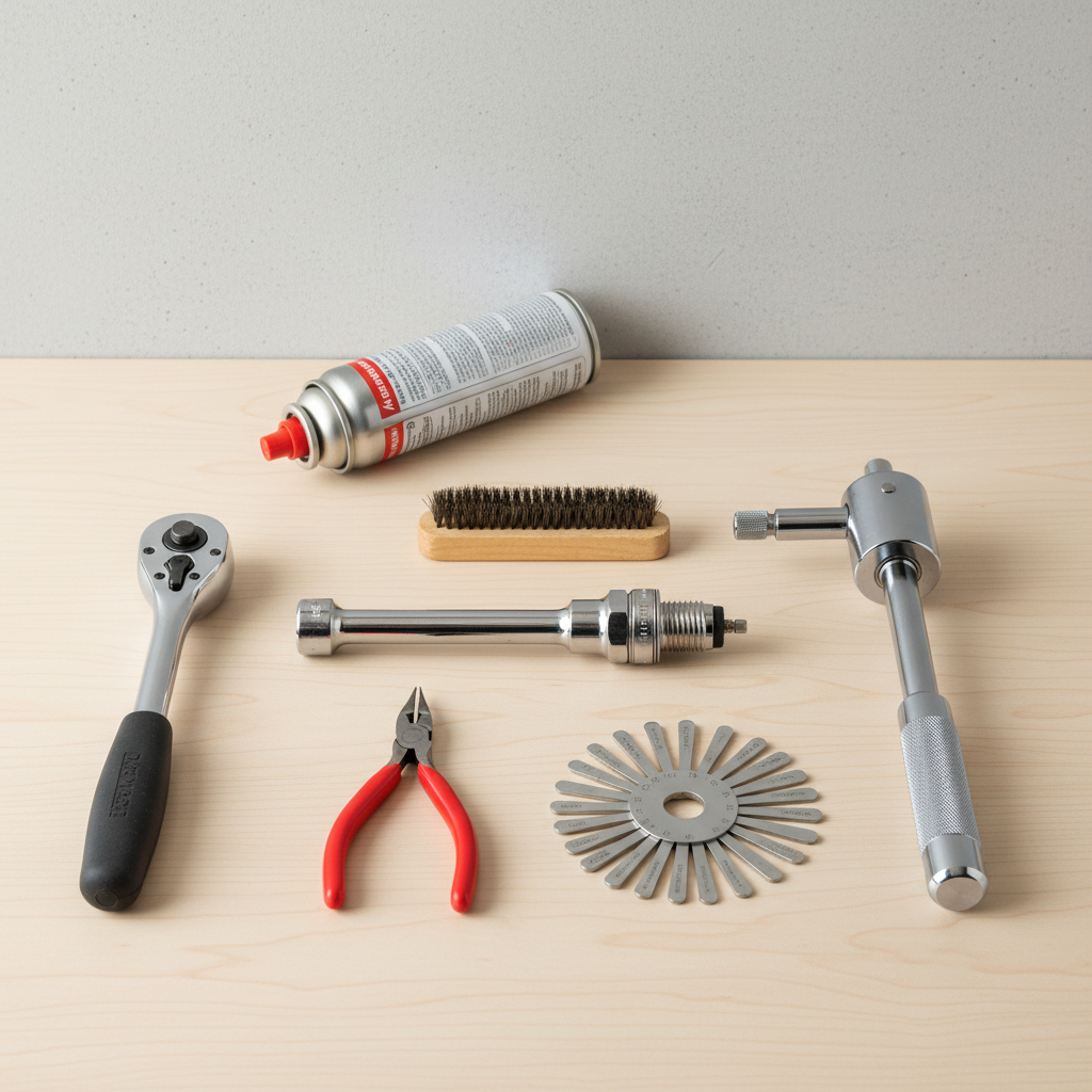 How Do You Remove a Spark Plug on a Lawn Mower? (Step-by-Step Guide) Complete set of tools needed for spark plug removal laid out on a workbench
