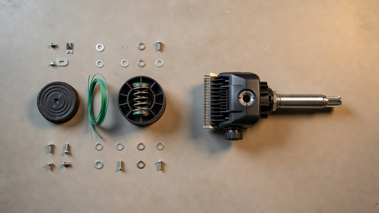 Disassembled trimmer spool next to a fully removed Stihl trimmer head, illustrating the difference between spool replacement and full head removal
