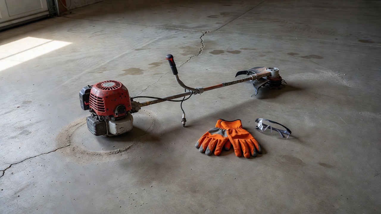 Gas string trimmer with spark plug boot disconnected, safety gloves and glasses laid out before maintenance