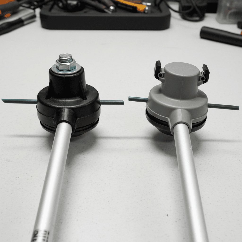 Comparison of bolt-on weed wacker head versus cartridge-style head attachment methods