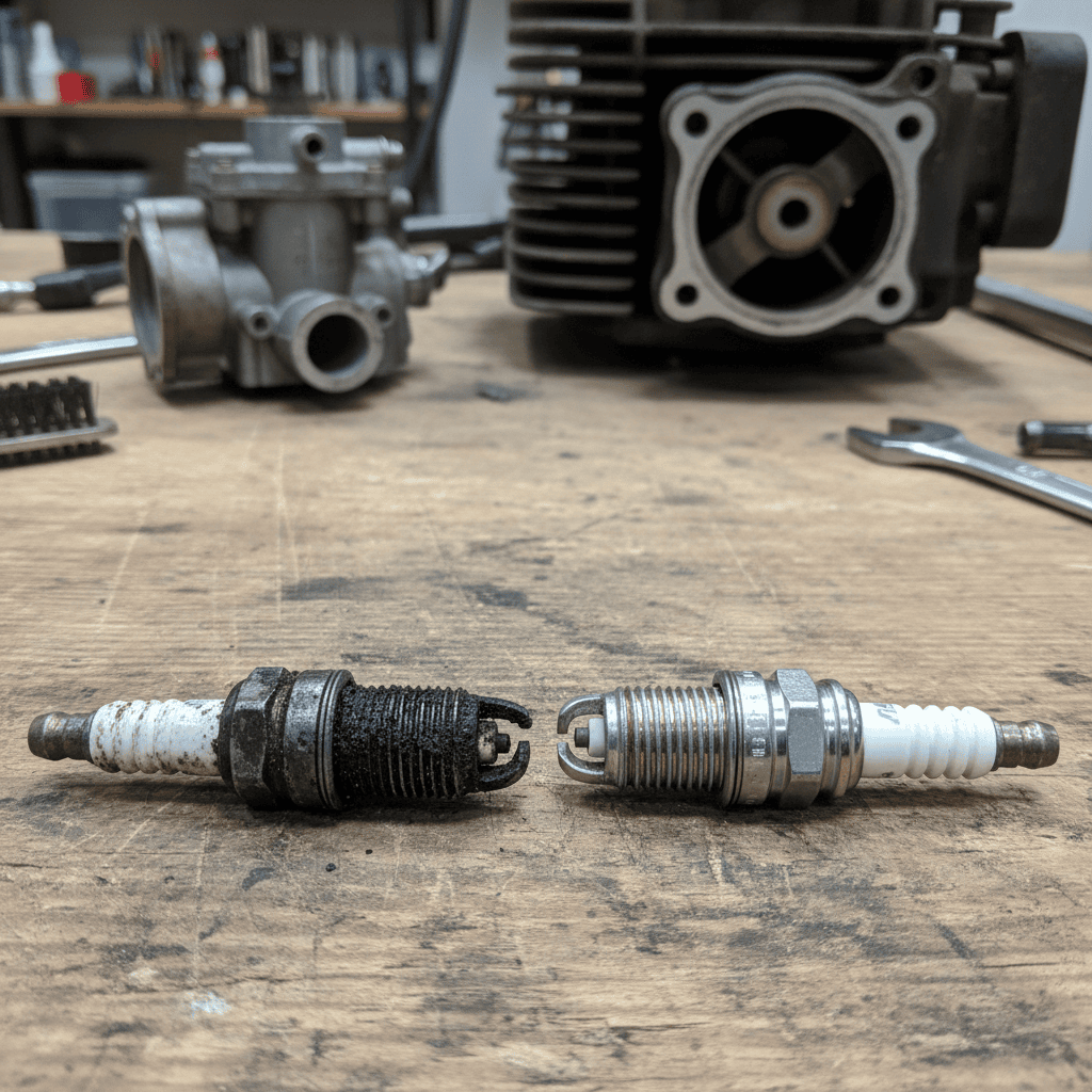 Comparison of a worn spark plug with carbon deposits next to a new clean spark plug