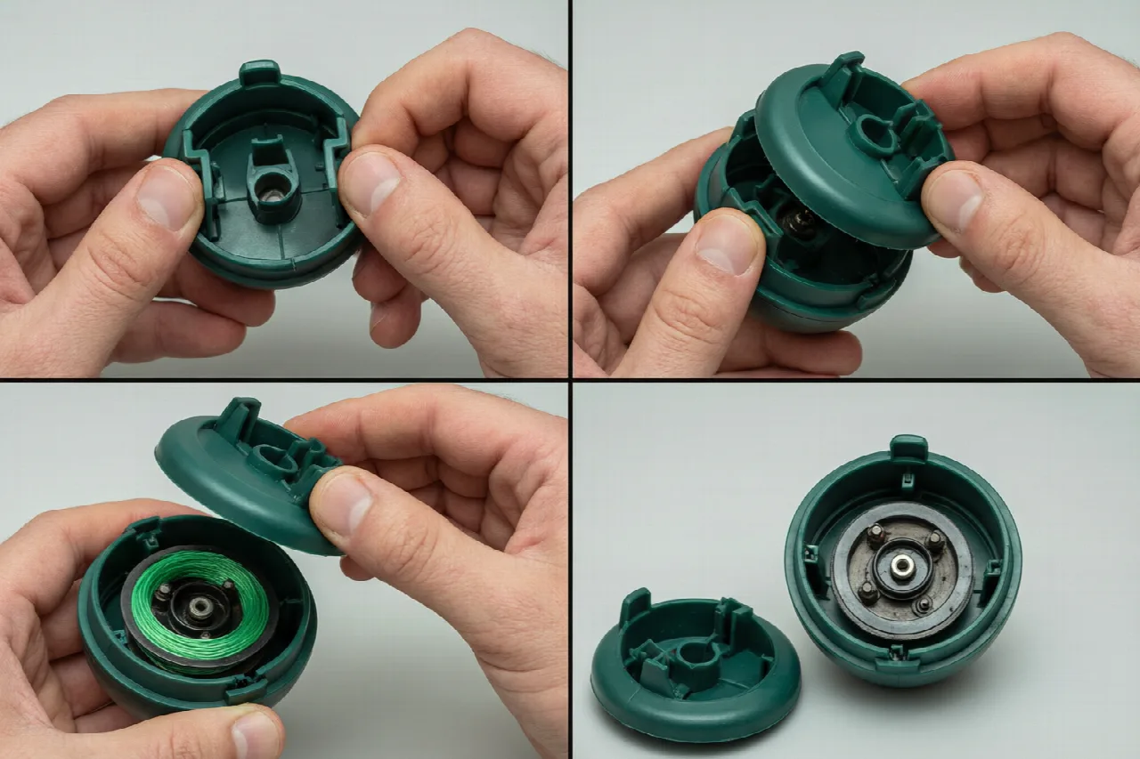 Hands pressing tabs on trimmer head cap to remove it and access the spool.