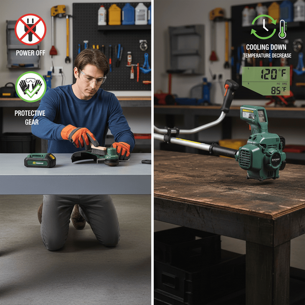 Safety preparation steps for trimmer head removal showing protective gear, power disconnection, and cooling time
