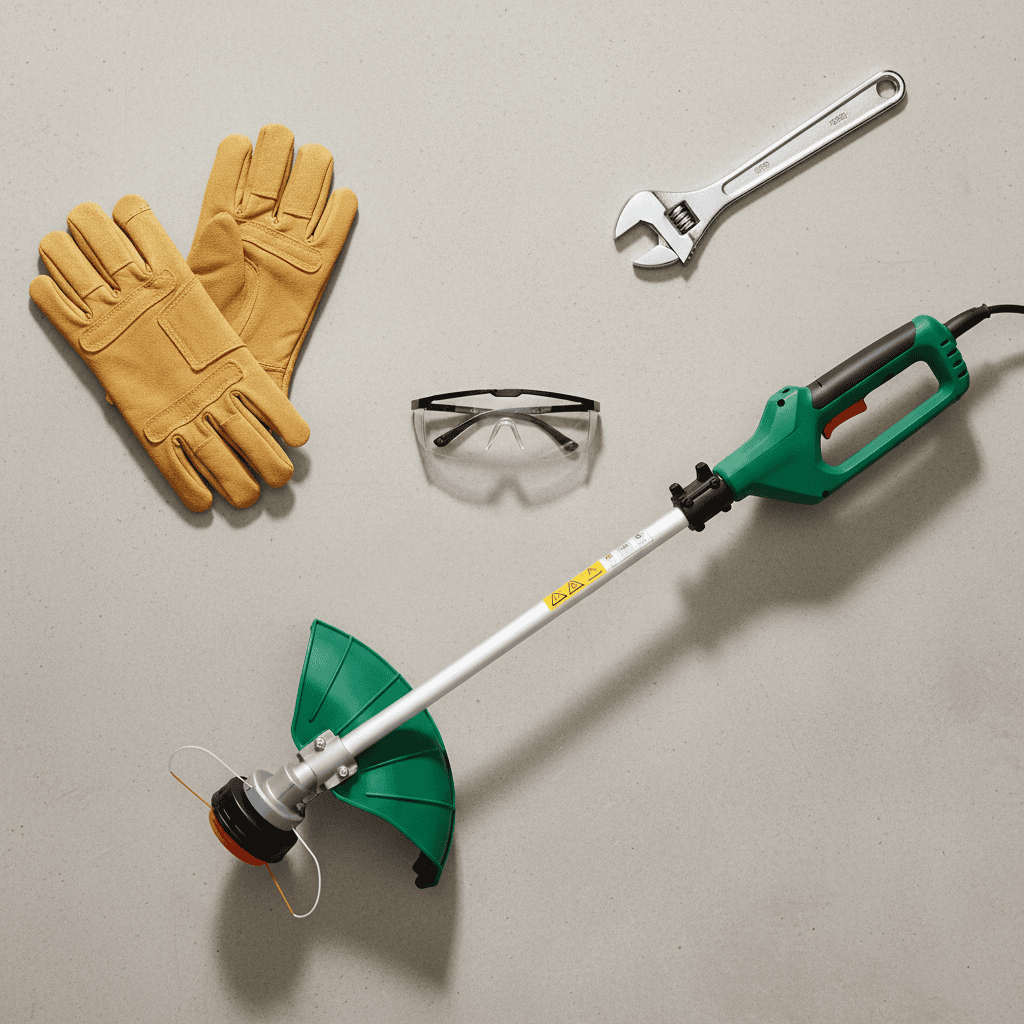 Safety gear and tools laid out for weed eater maintenance