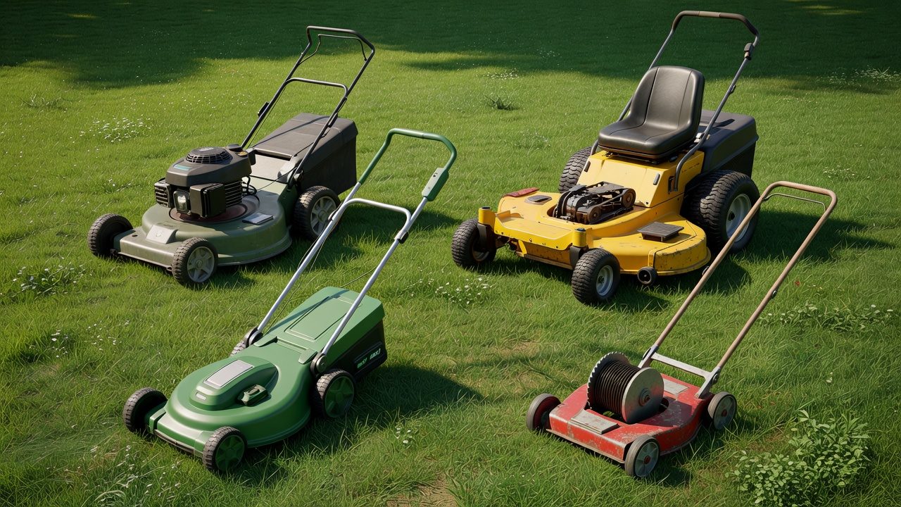 Four different lawn mower types displayed side by side for comparison