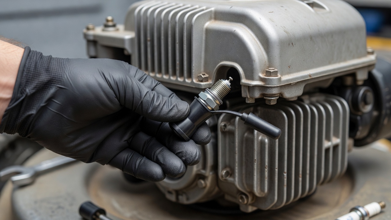 Hand disconnecting spark plug wire from lawn mower engine for safety before repair