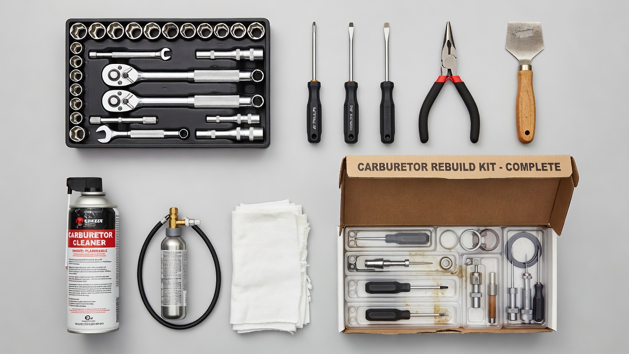 Carburetor repair tools and rebuild kit components arranged on a workbench