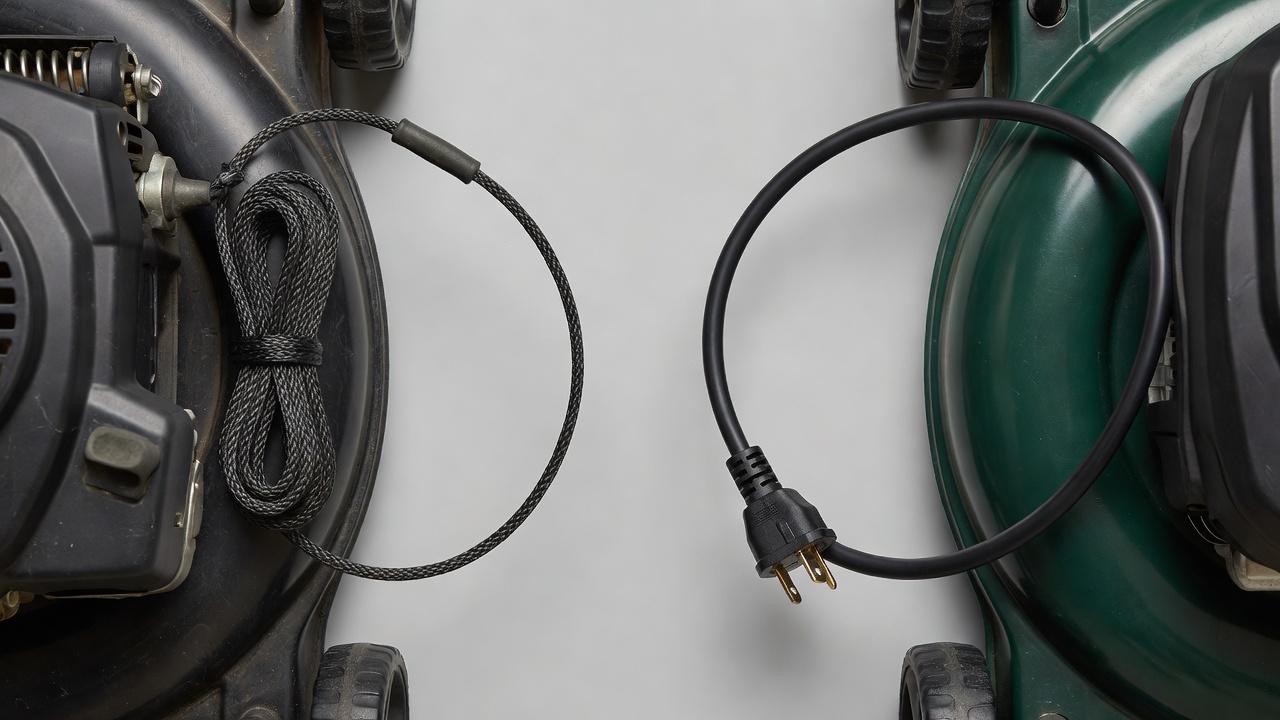 Comparison of gas mower pull-start rope mechanism and electric mower power cord
