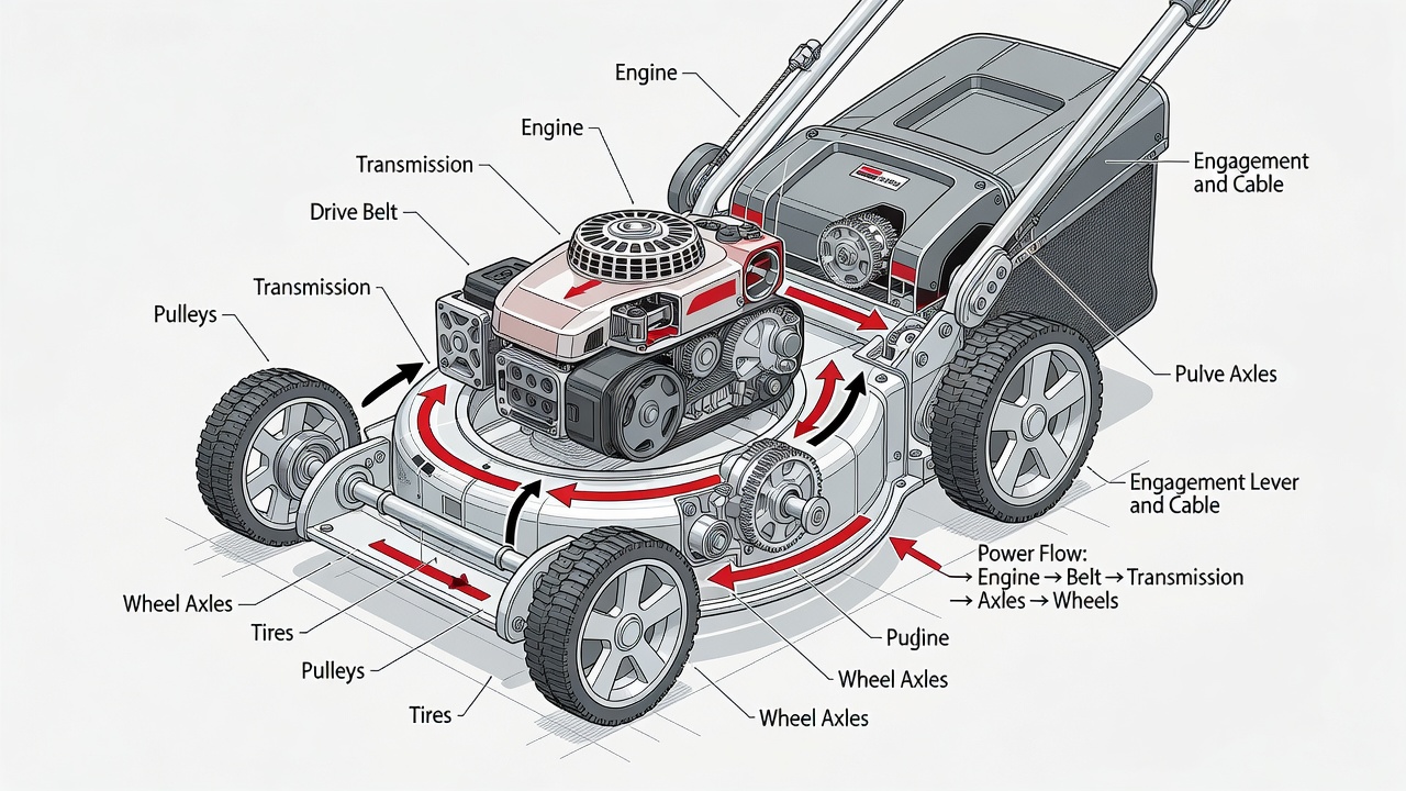 Cutaway diagram of self-propelled mower propulsion system showing engine, drive belt, transmission, and wheel connection