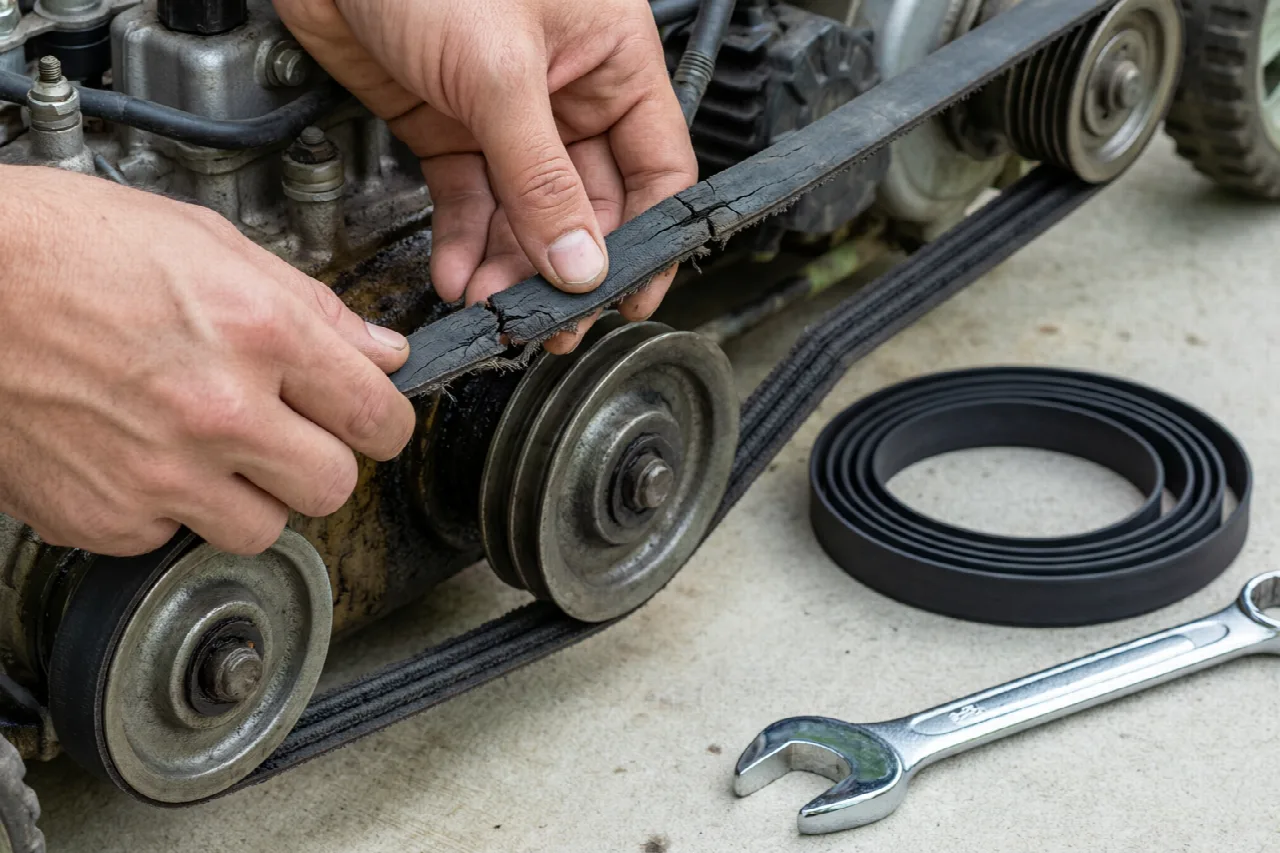 Hands removing a worn drive belt from a lawn mower pulley