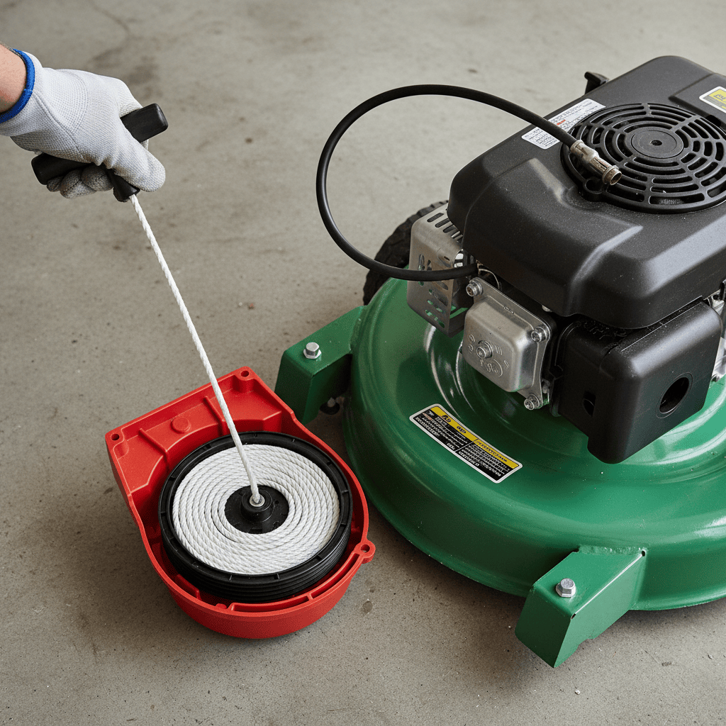 How Do You Repair the Pull Cord on a Lawn Mower? (Step-by-Step Guide) Hand pulling the recoil starter cord on a lawn mower with the starter housing removed and the spark plug wire disconnected