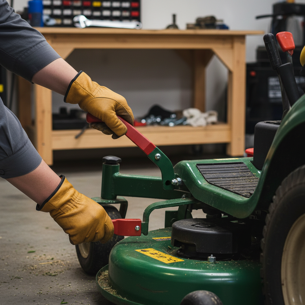 How Do You Replace the Deck Belt on a Riding Lawn Mower? (Step-by-Step Guide) Homeowner lowering a riding lawn mower deck to prepare for deck belt replacement