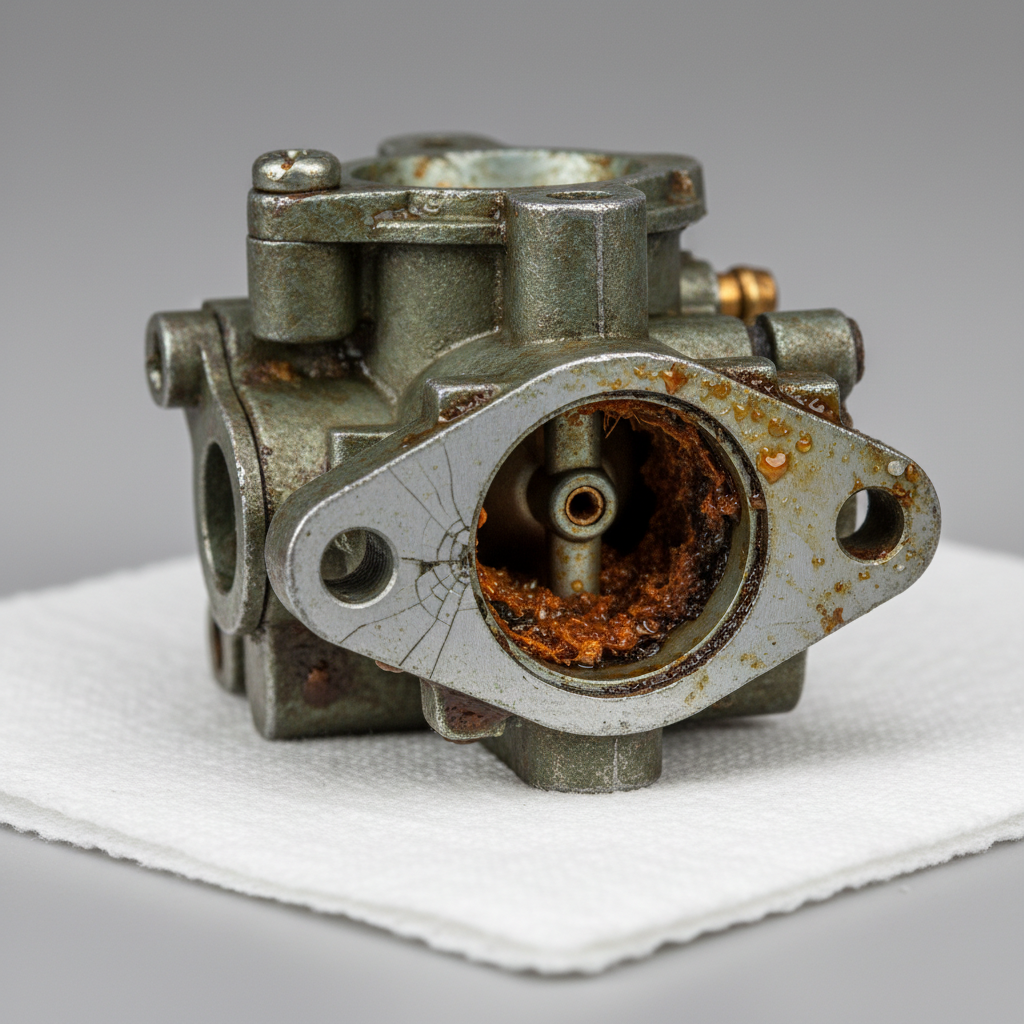 Corroded lawn mower carburetor with varnish deposits and a cracked fuel bowl showing signs of failure