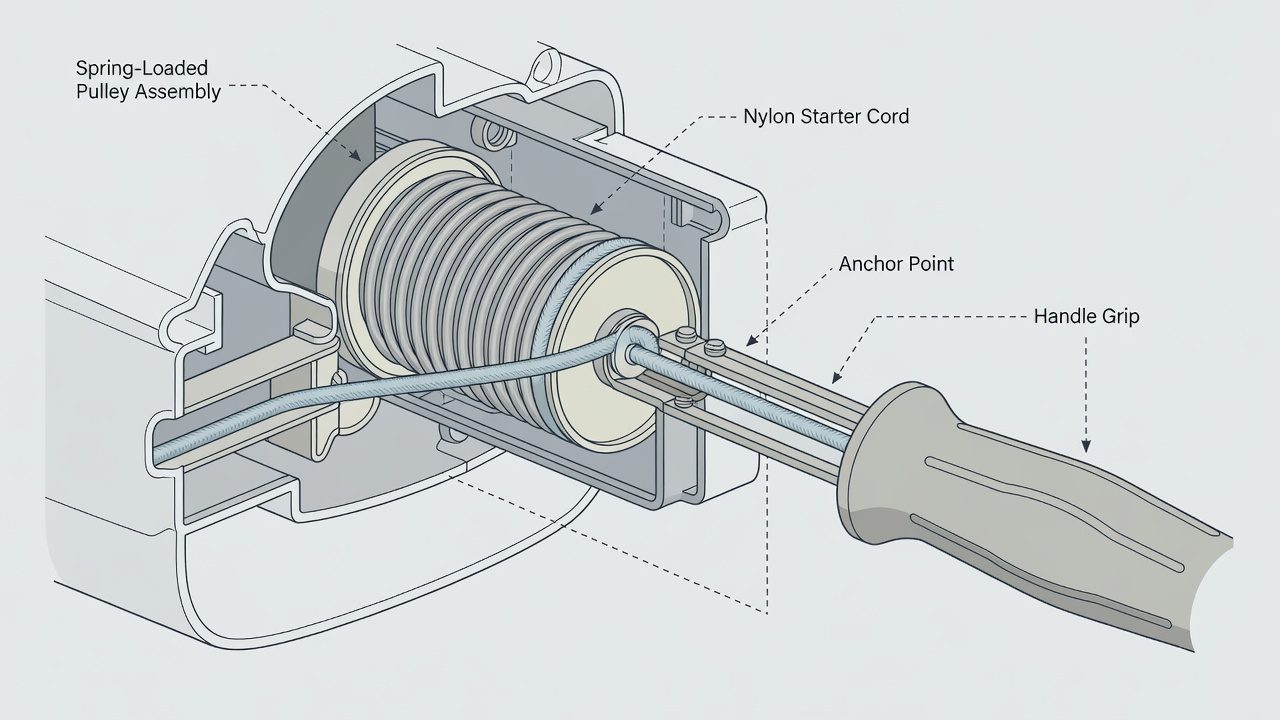 Internal diagram of lawn mower recoil starter components and cord routing