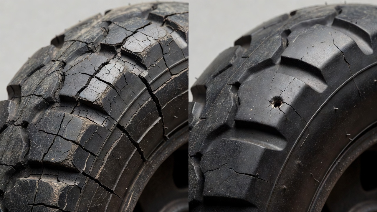 Comparison of lawn mower tire damage: sidewall cracks versus tread puncture