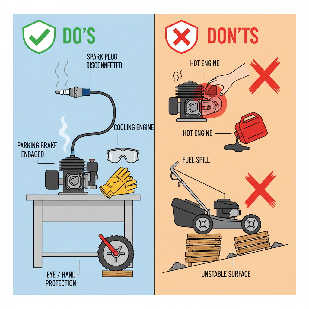 Safety checklist for lawn mower repair showing correct and incorrect preparation steps