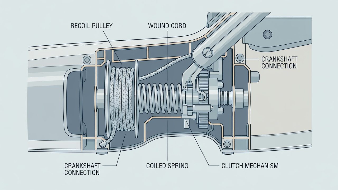 Cutaway diagram of recoil starter system components