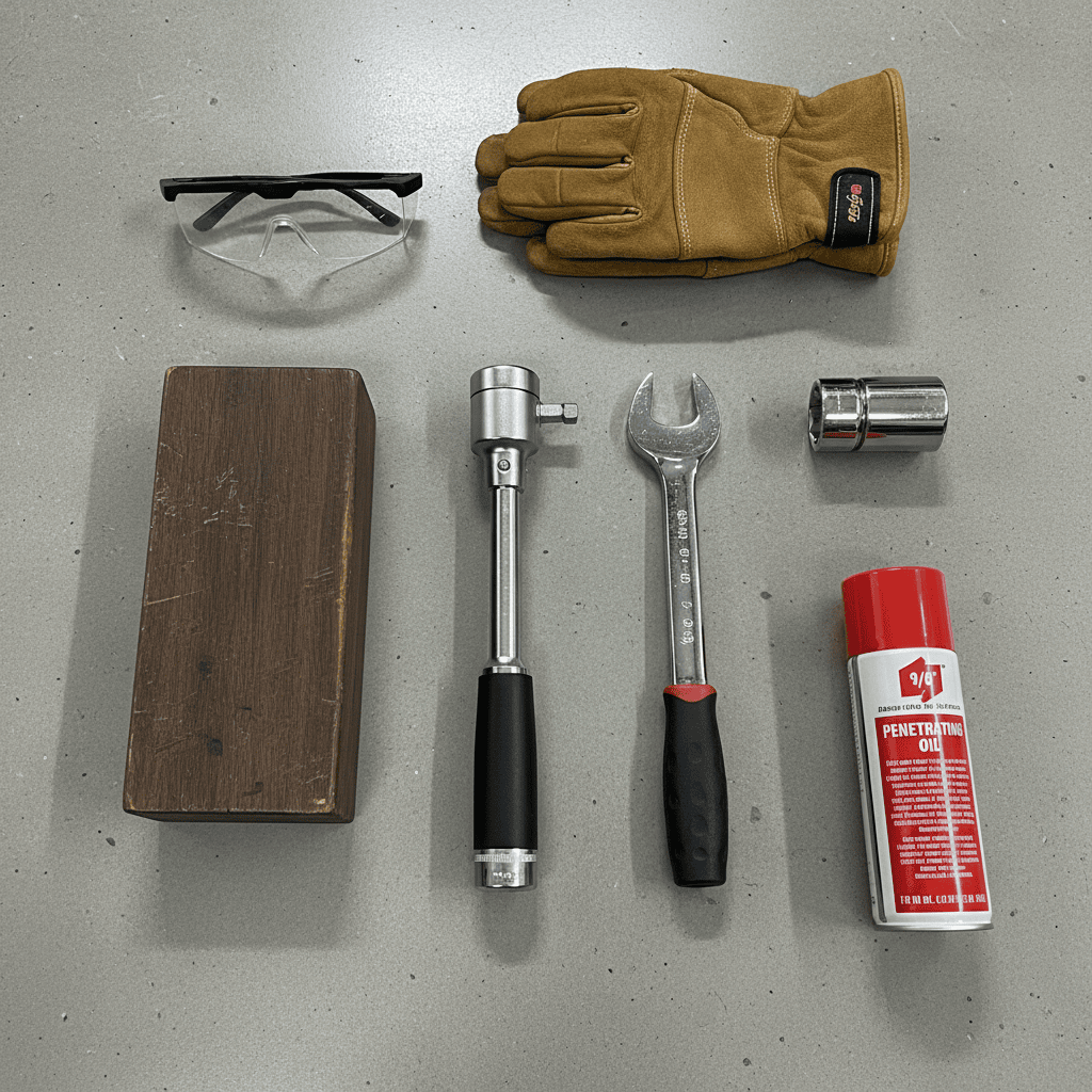 Essential tools for replacing a riding lawn mower blade, including a torque wrench, socket set, and safety gear.