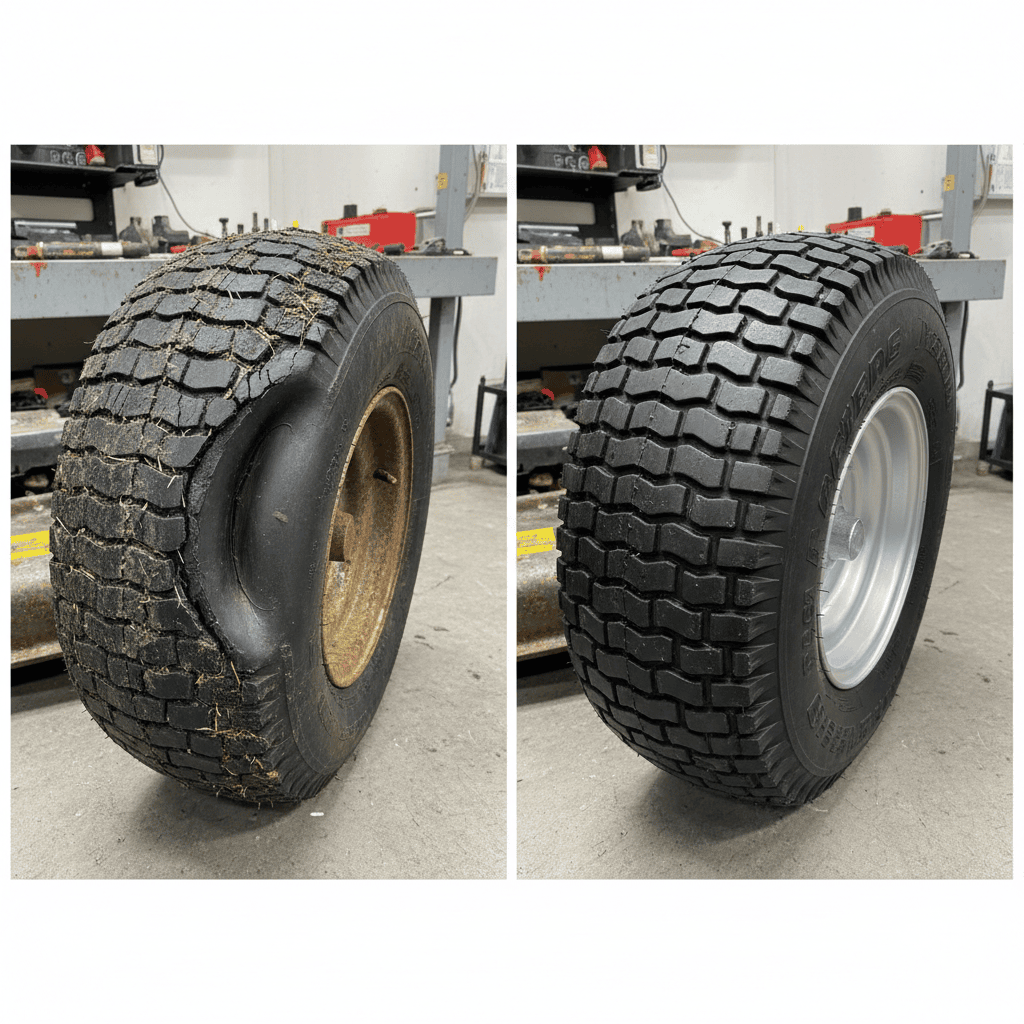 Comparison of a damaged riding lawn mower tire with a bulge and a new replacement tire.