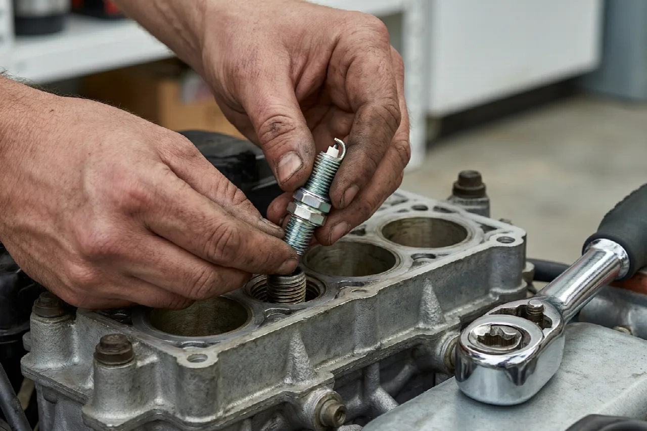 Replace Spark Plug in Lawn Mower (2026) Hand threading a new spark plug into a lawn mower engine