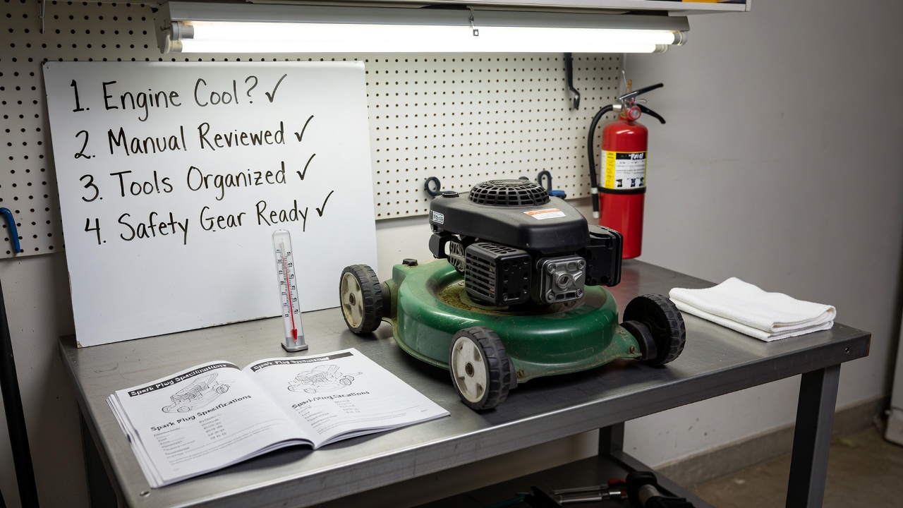 Organized workbench with safety equipment and lawn mower manual for spark plug replacement preparation