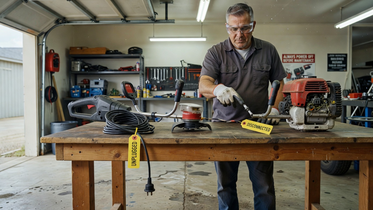 Person wearing safety goggles and gloves with an unplugged trimmer, highlighting safety before starting.