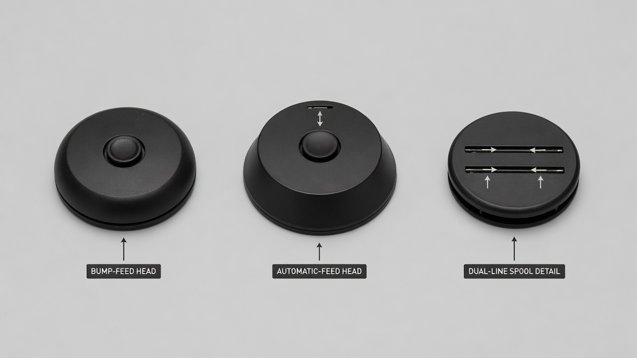 Three types of weed eater trimmer heads showing bump-feed, automatic-feed, and dual-line designs