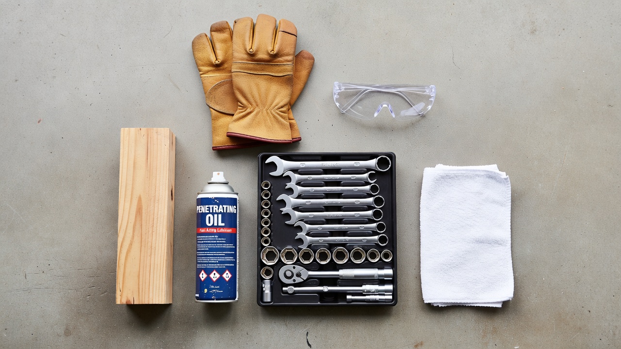 Tools and safety gear laid out for edger blade replacement including gloves, glasses, wrenches, wood block, penetrating oil, and rag
