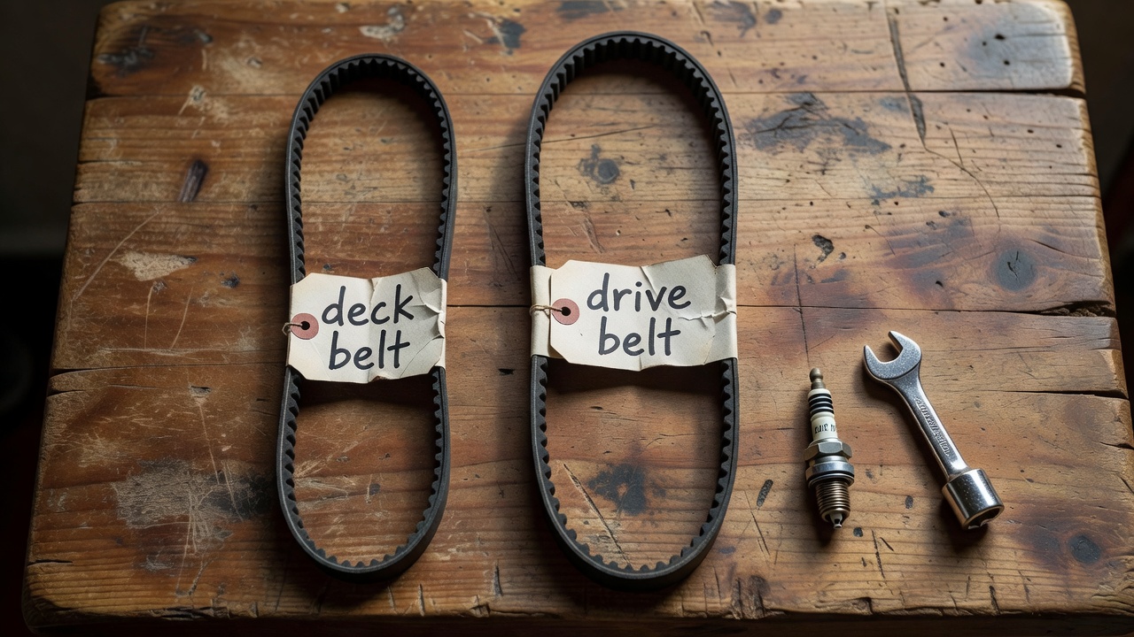 Two lawn mower belts side by side on a workbench showing deck belt versus drive belt comparison