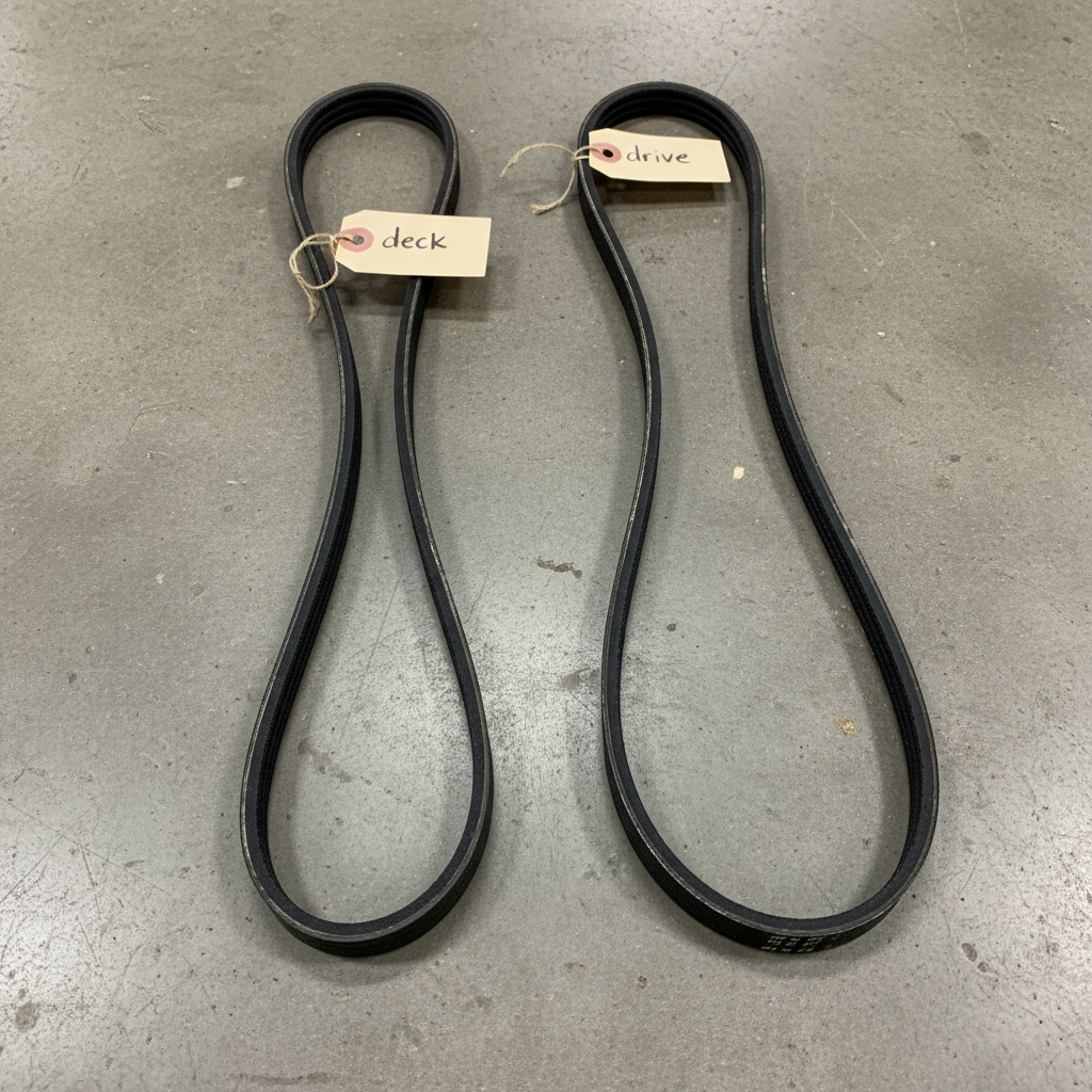 Two riding mower V-belts side by side on concrete, one deck belt and one drive belt, shown for size comparison