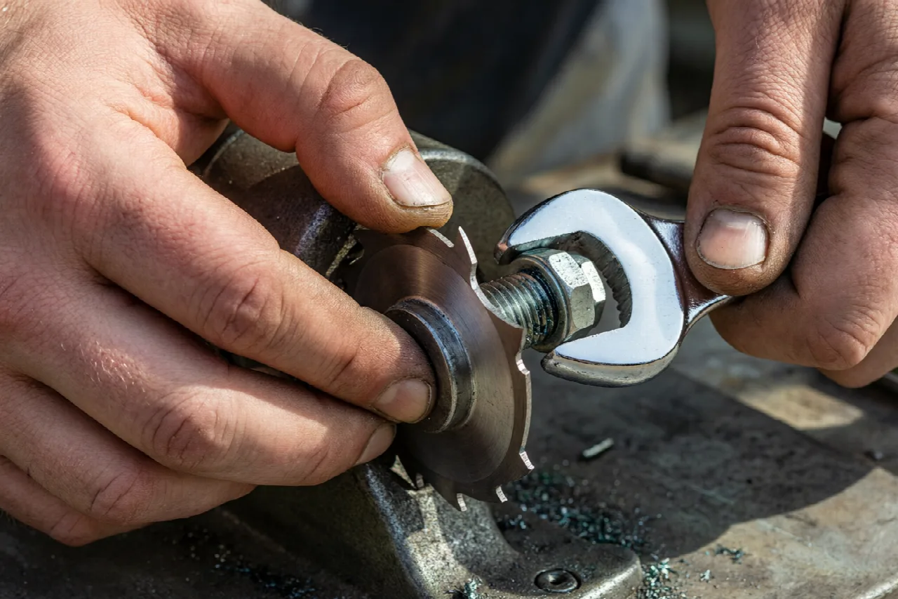 Installing a new blade on an edger.